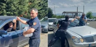 Radhë të gjatë në kufi për të parë ndeshjen Shqipëri-Serbi, policia në bashkëpunim me ambasadën shqiptare në Shkup shpërndajnë ujë